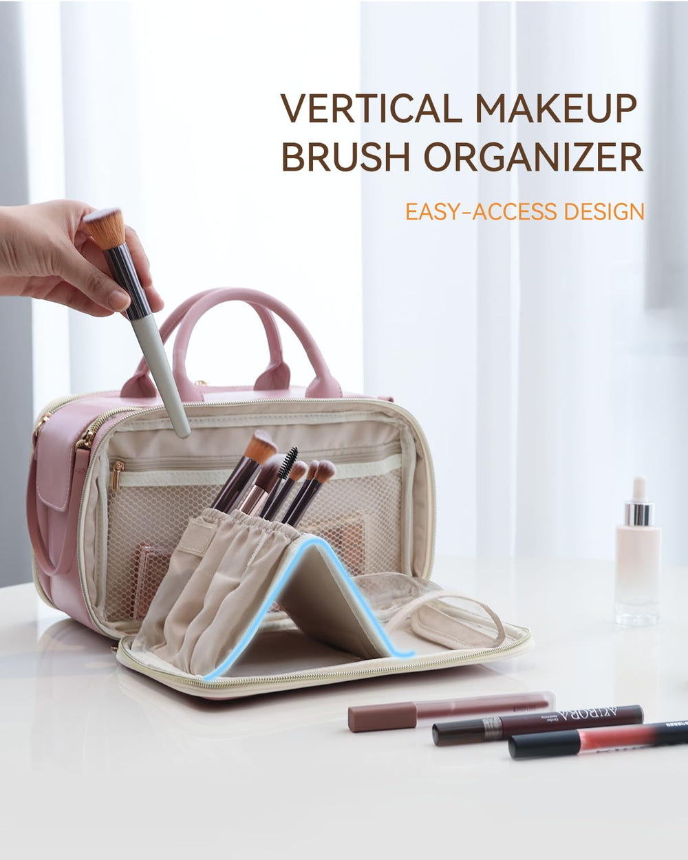 Prite makeup bag pink waterproof leather exterior cleans with a quick wipe.