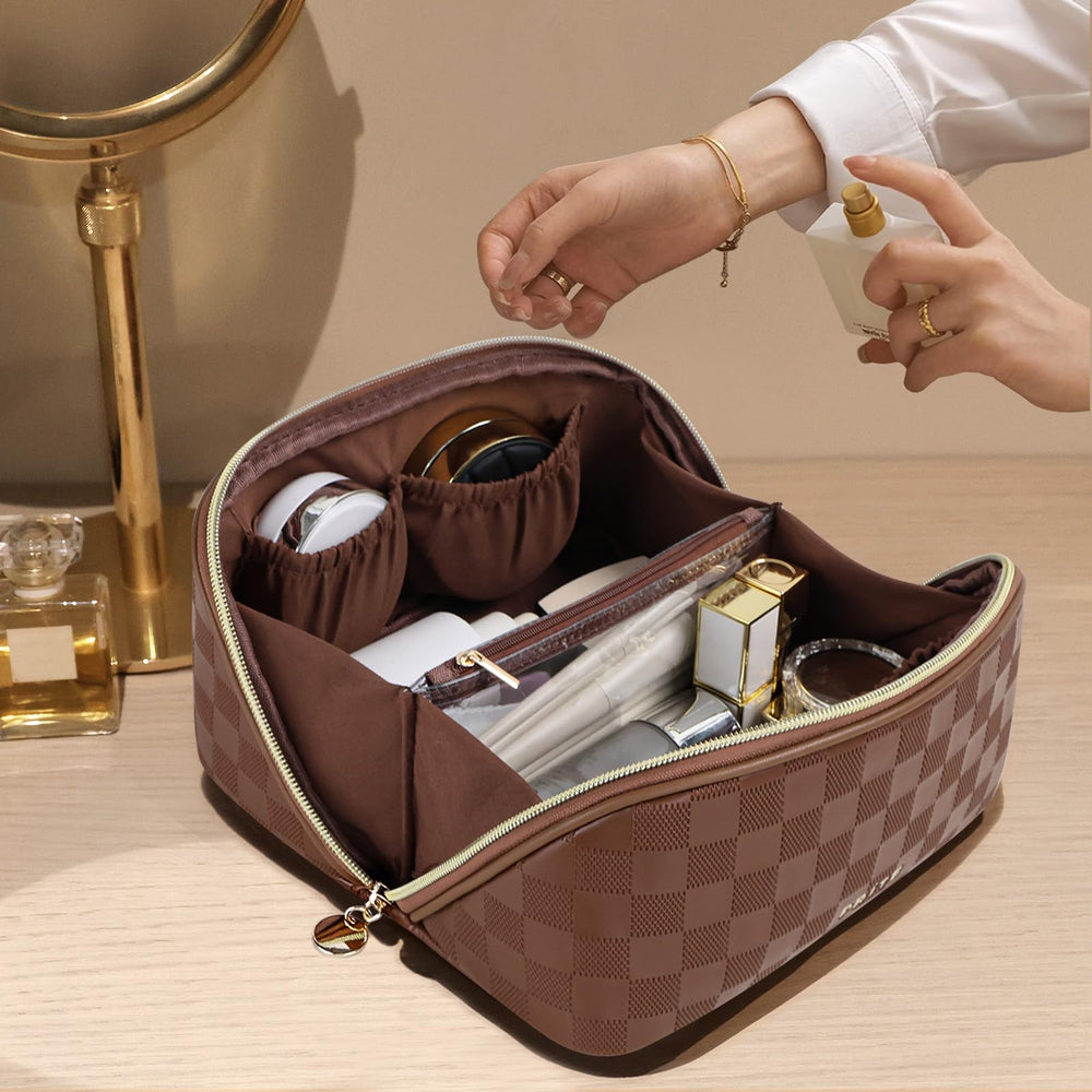 Prite plaid brown bag with clear divider ideal for organization.