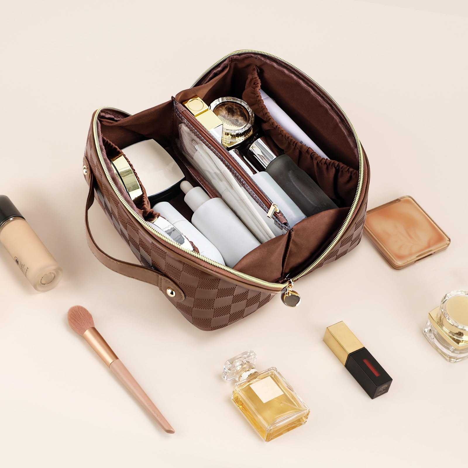 Prite makeup bag with clear divider for quick access and visibility.