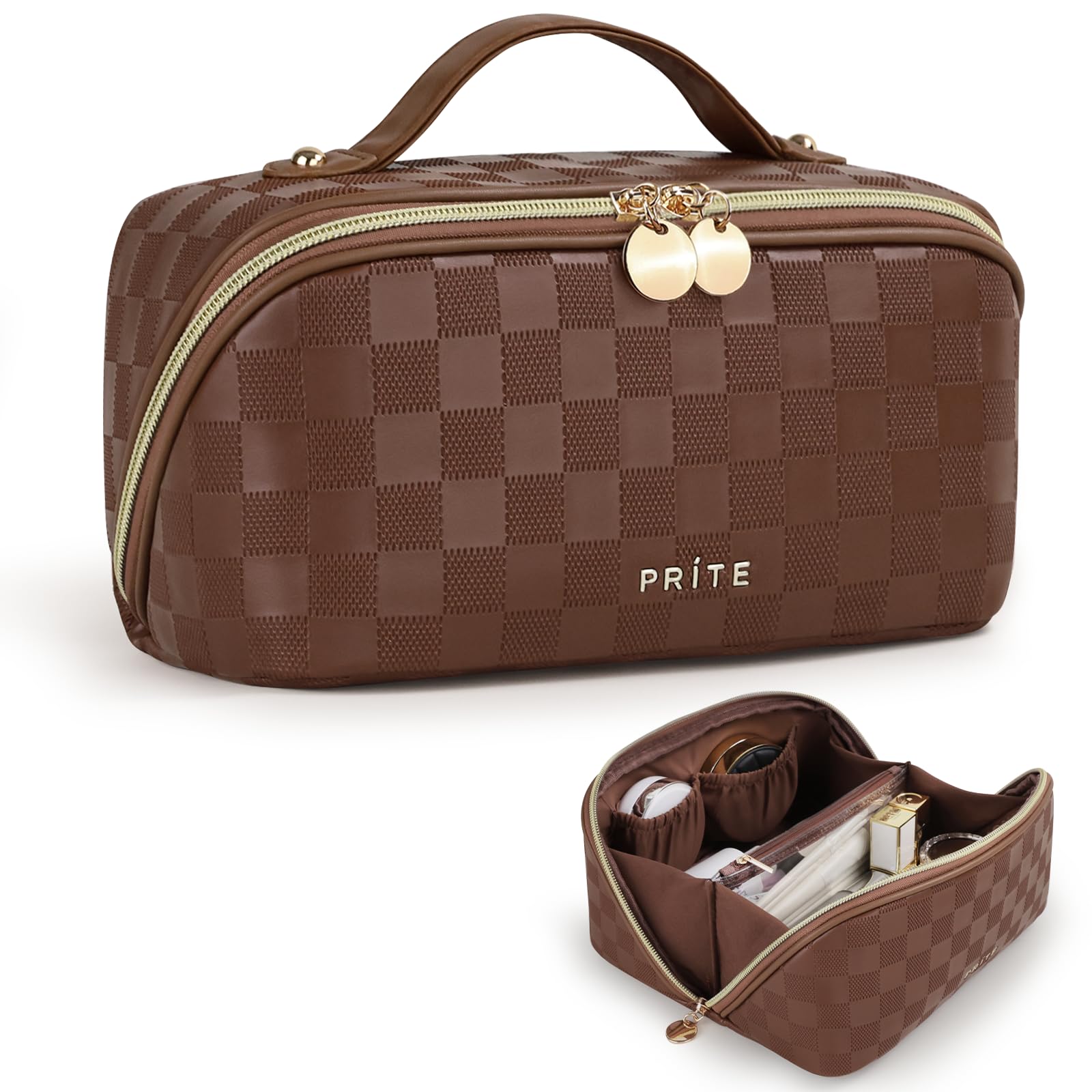 Prite plaid brown makeup bag with open-flat design and organized compartments.