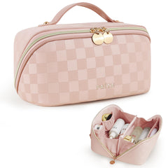 Prite plaid pink makeup bag open-flat view for quick access on travel