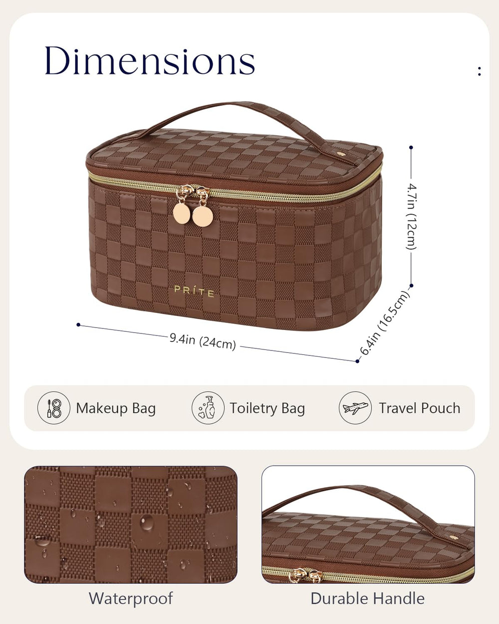 Prite makeup bag portable handle demonstrates easy carry for weekend trips