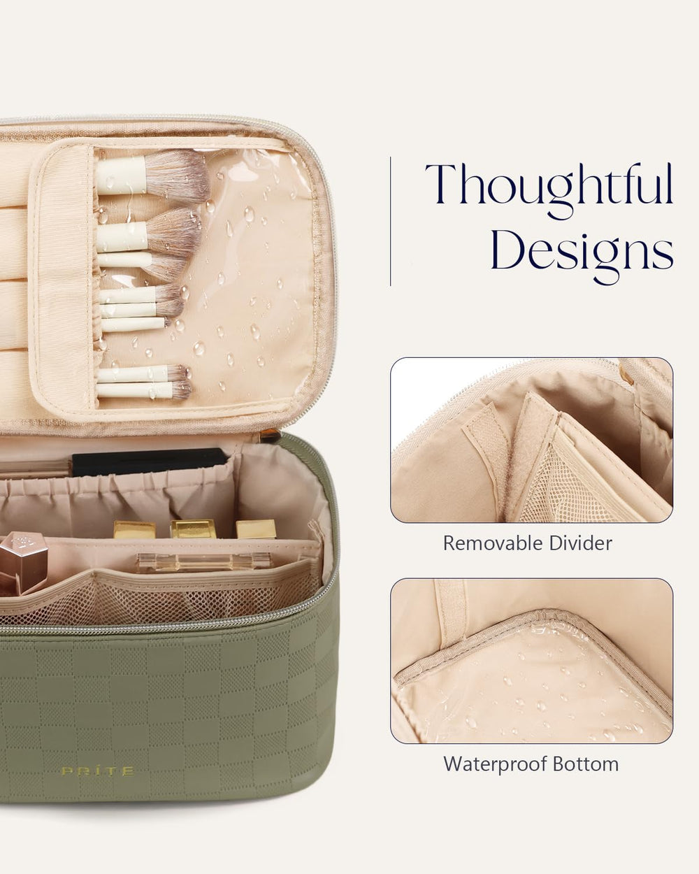 Prite makeup bag roomy capacity fits travel-sized and full-size products.