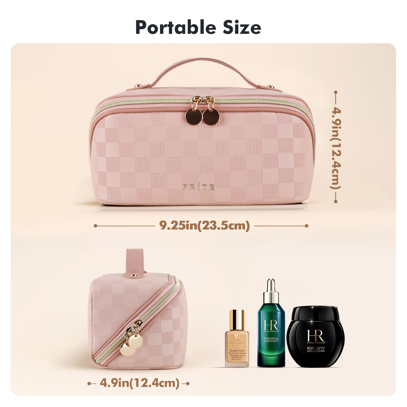 Prite makeup bag showing three compartments and three pockets for organization
