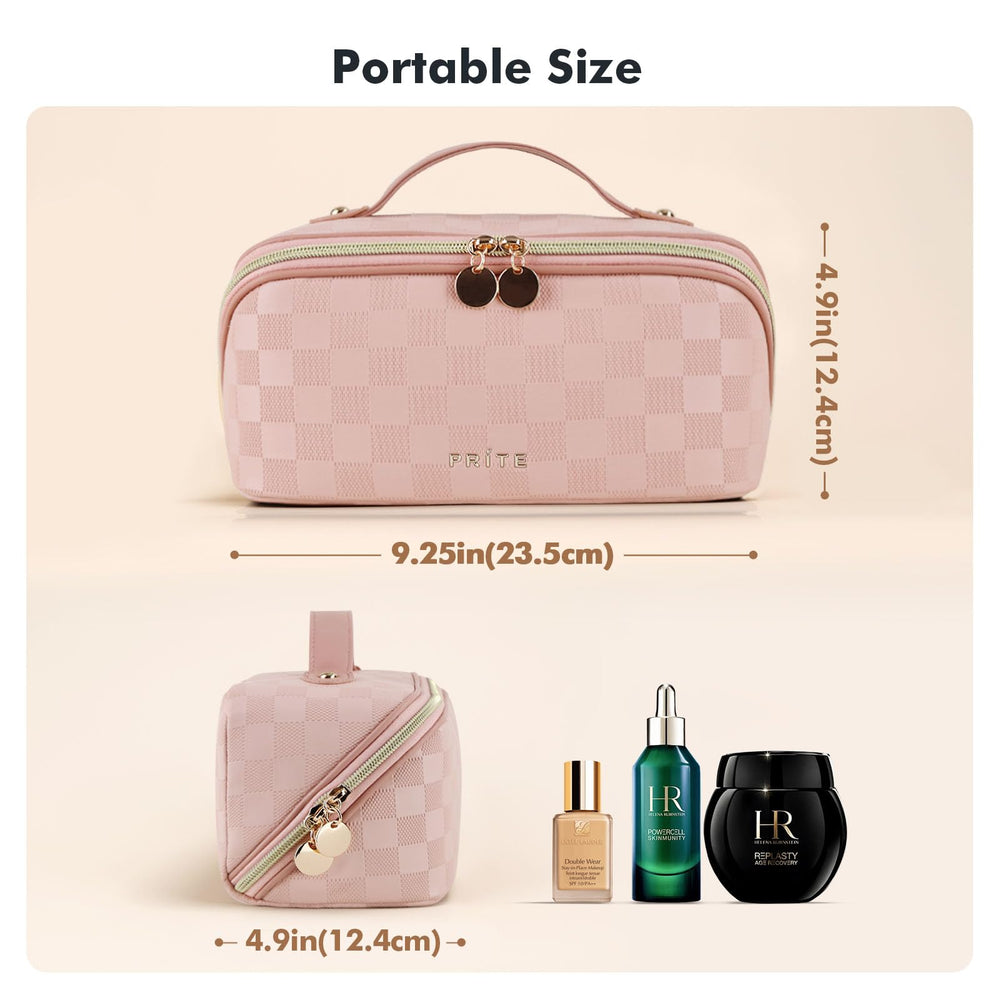 Prite makeup bag showing three compartments and three pockets for organization