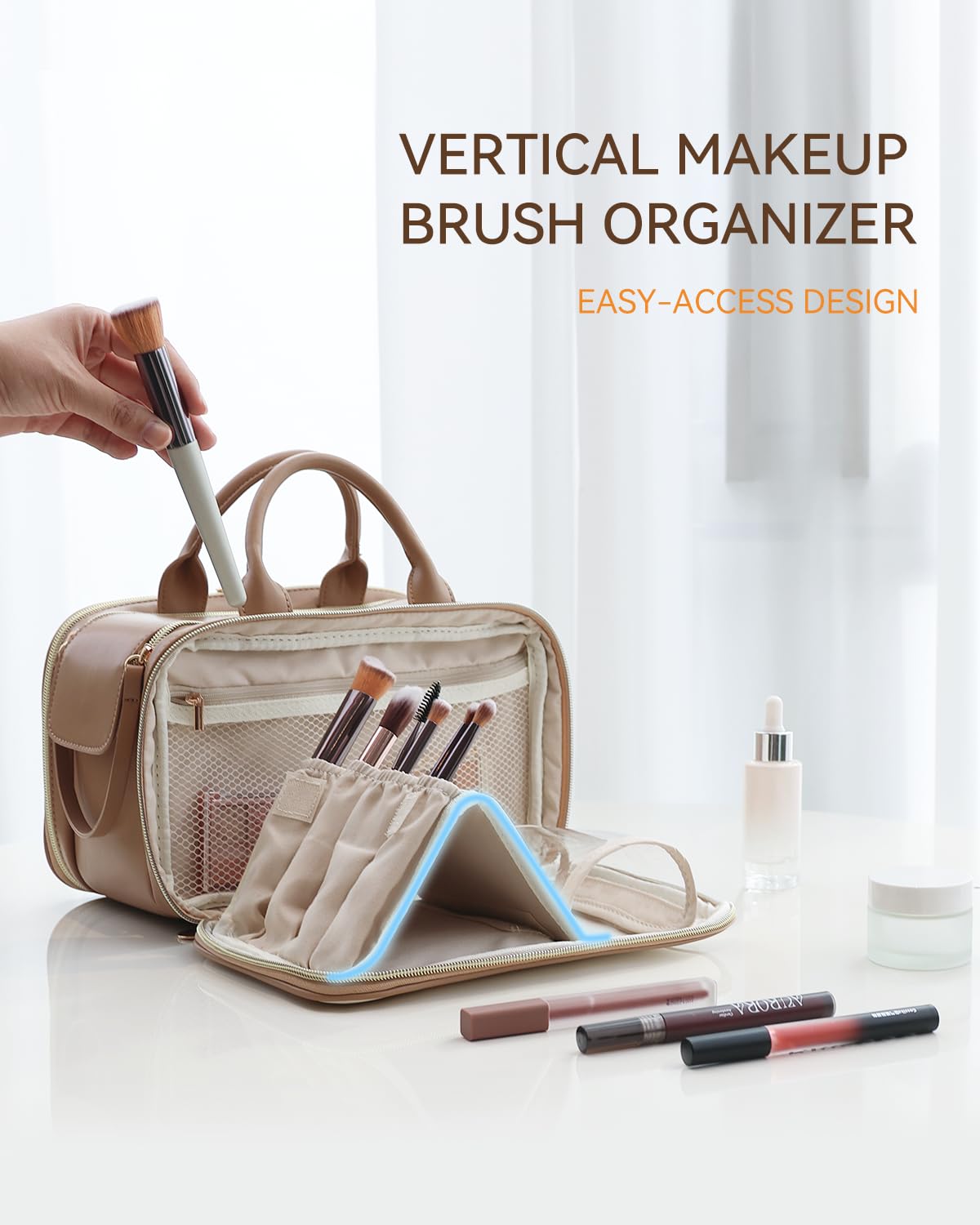 Prite makeup bag top leather handle for comfortable carrying anywhere.