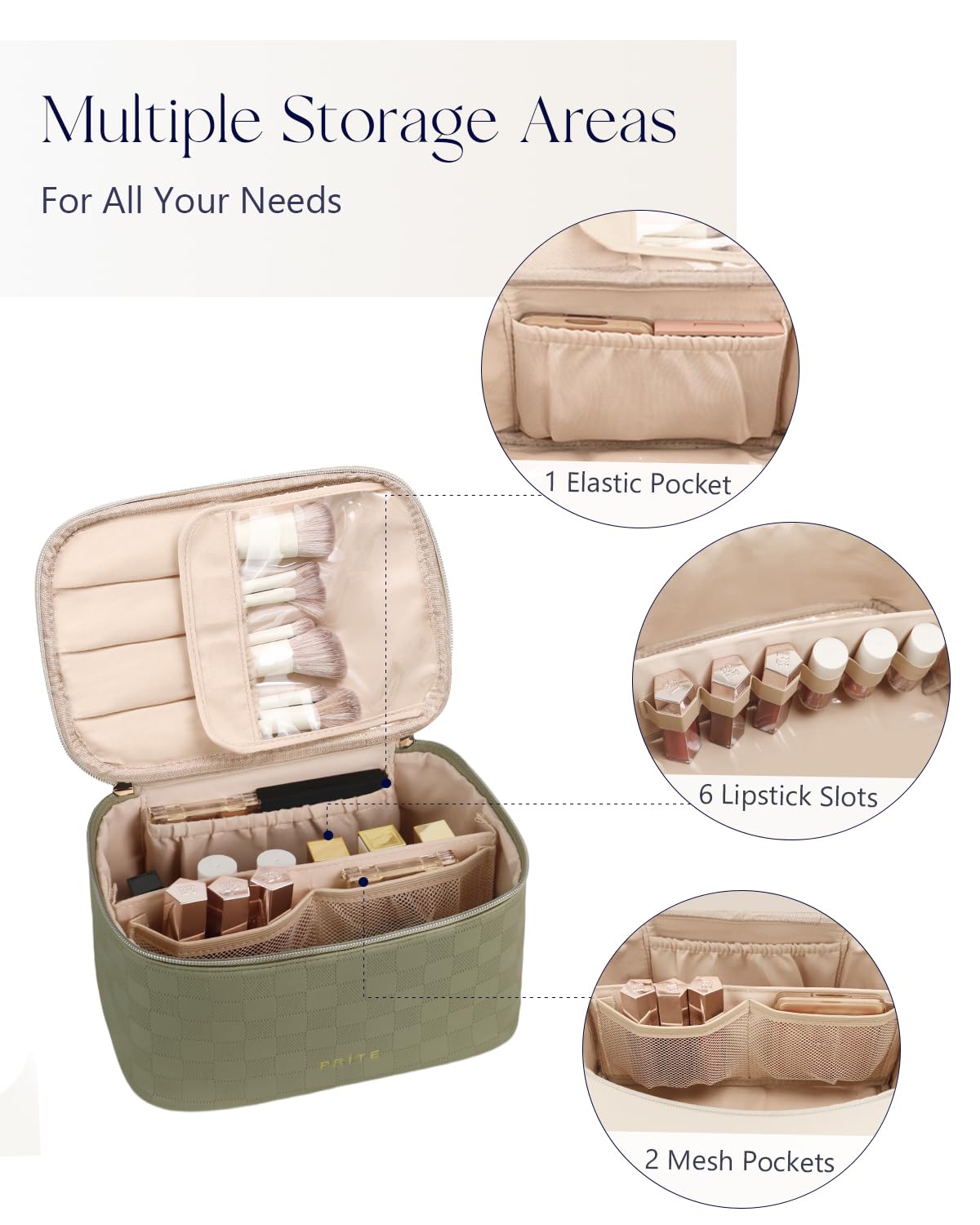 Prite vegan leather waterproof makeup bag highlights durable travel protection.