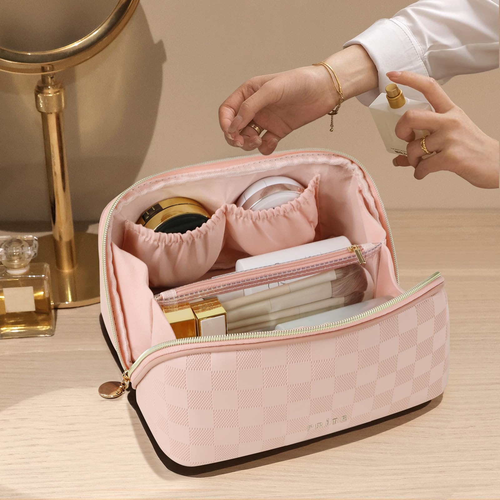 Prite vegan leather makeup bag with water-resistant exterior for protection