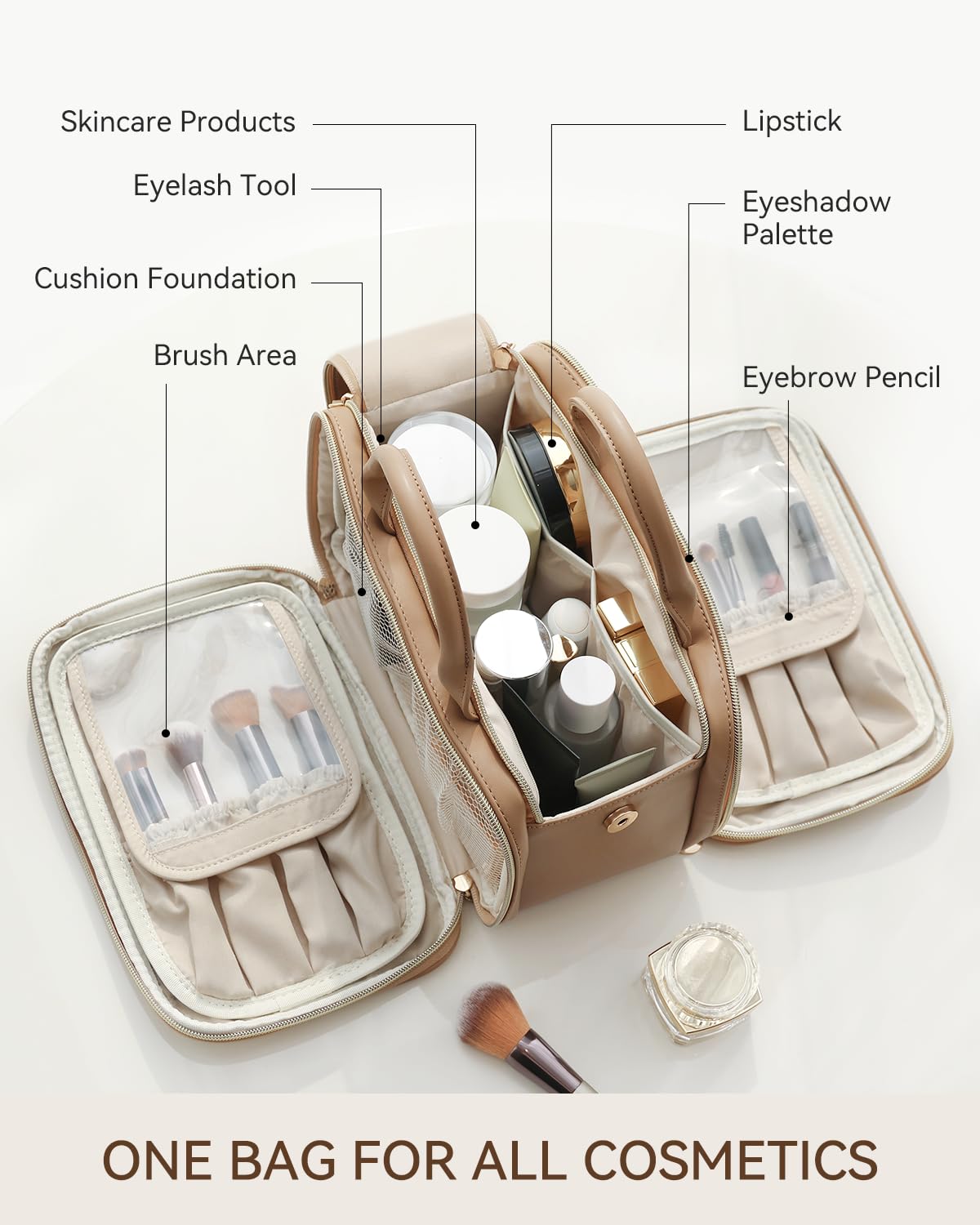 Prite makeup bag waterproof leather surface resists spills during travel.