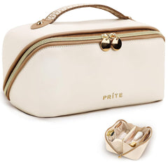 Prite makeup bag beige vegan leather, waterproof exterior ideal for travel