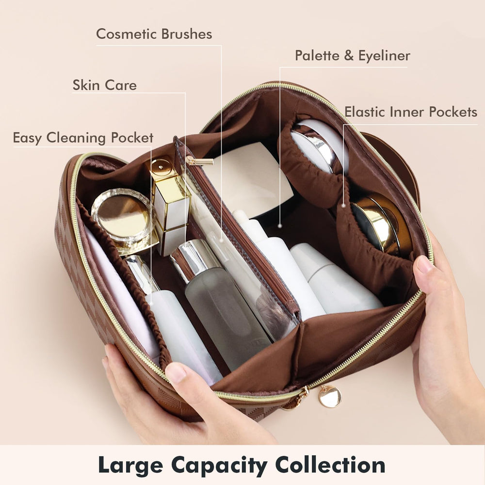Prite vegan leather makeup bag shows water-resistant surface for quick cleanup.