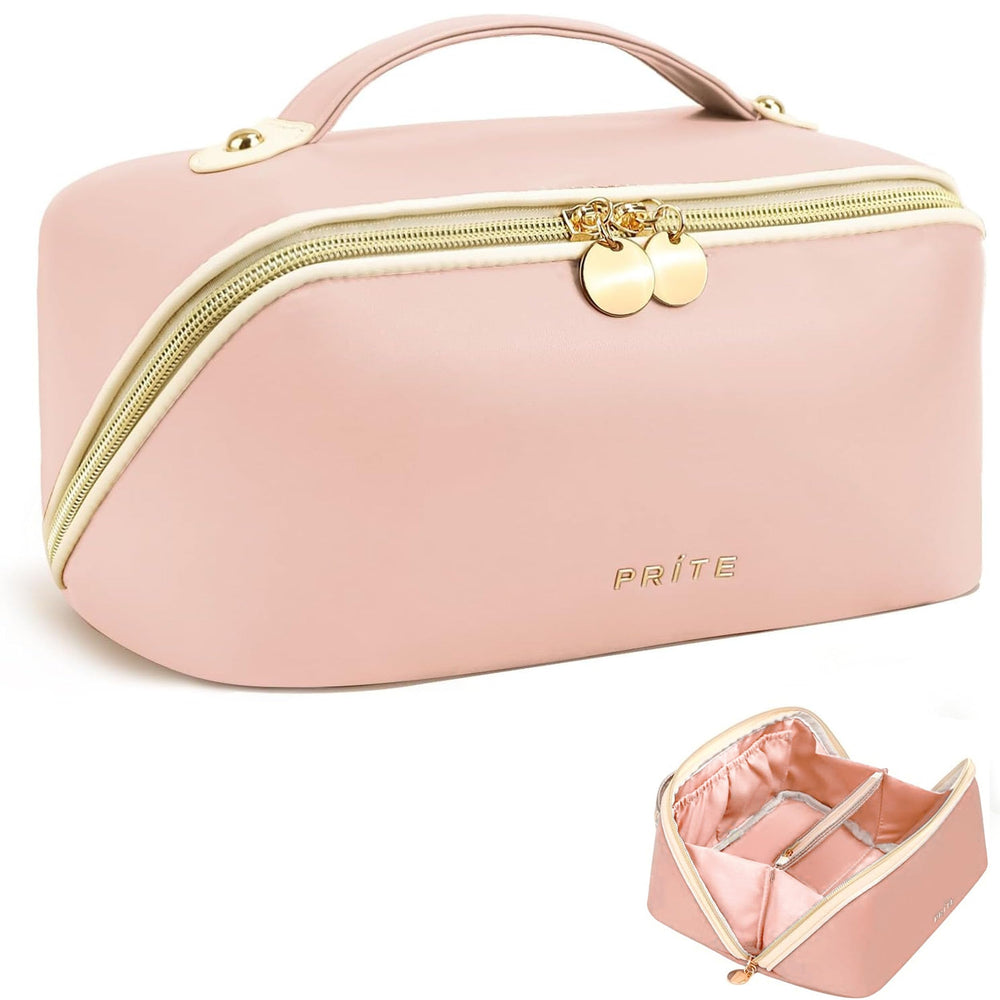 Prite Makeup Bag Waterproof Vegan Leather demonstrates durable storage for travel cosmetics.