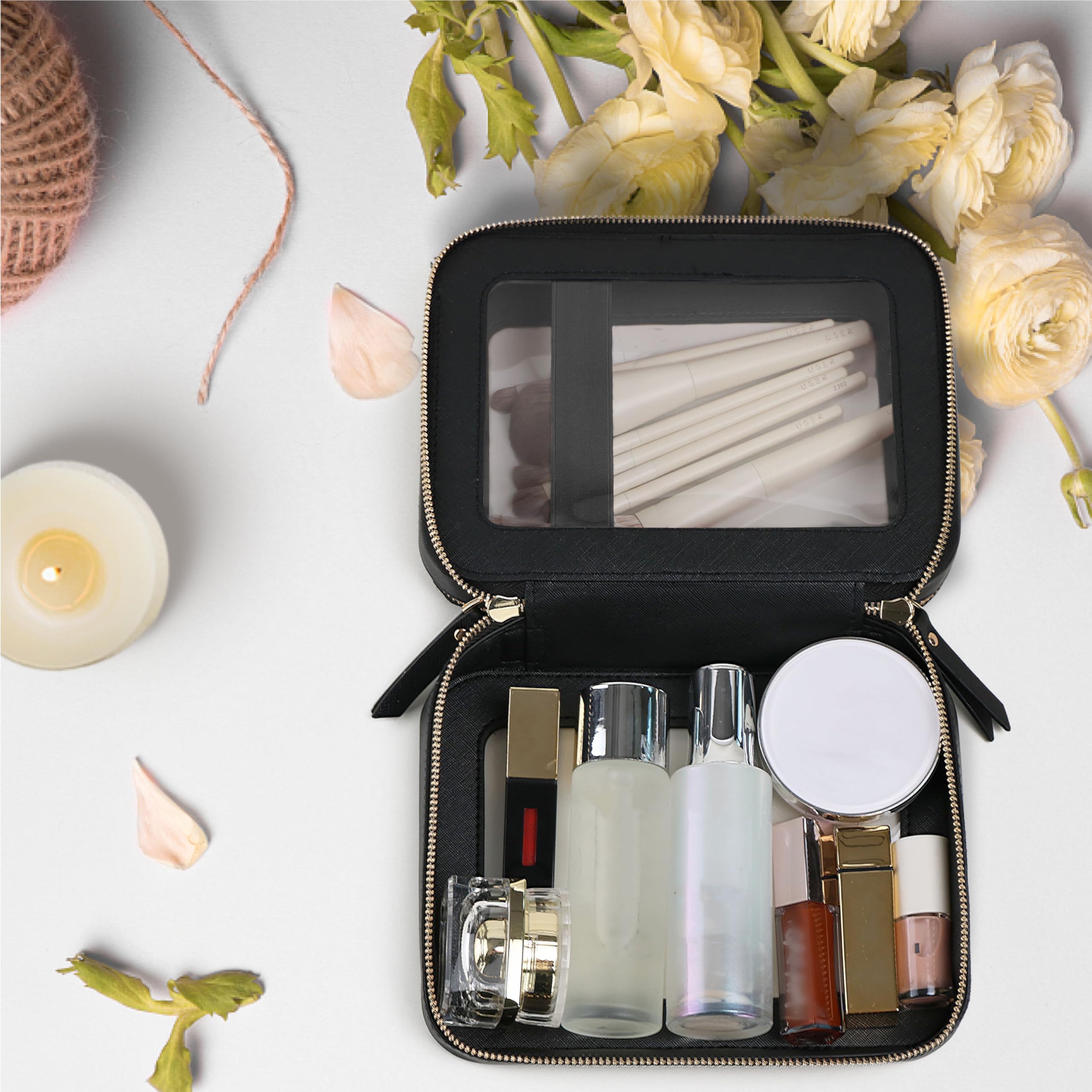Prite makeup brush compartment highlights a dedicated top layer to keep brushes tidy.
