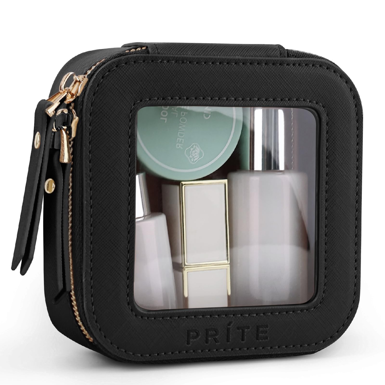 Prite mini clear makeup bag front view, compact storage for on-the-go cosmetics