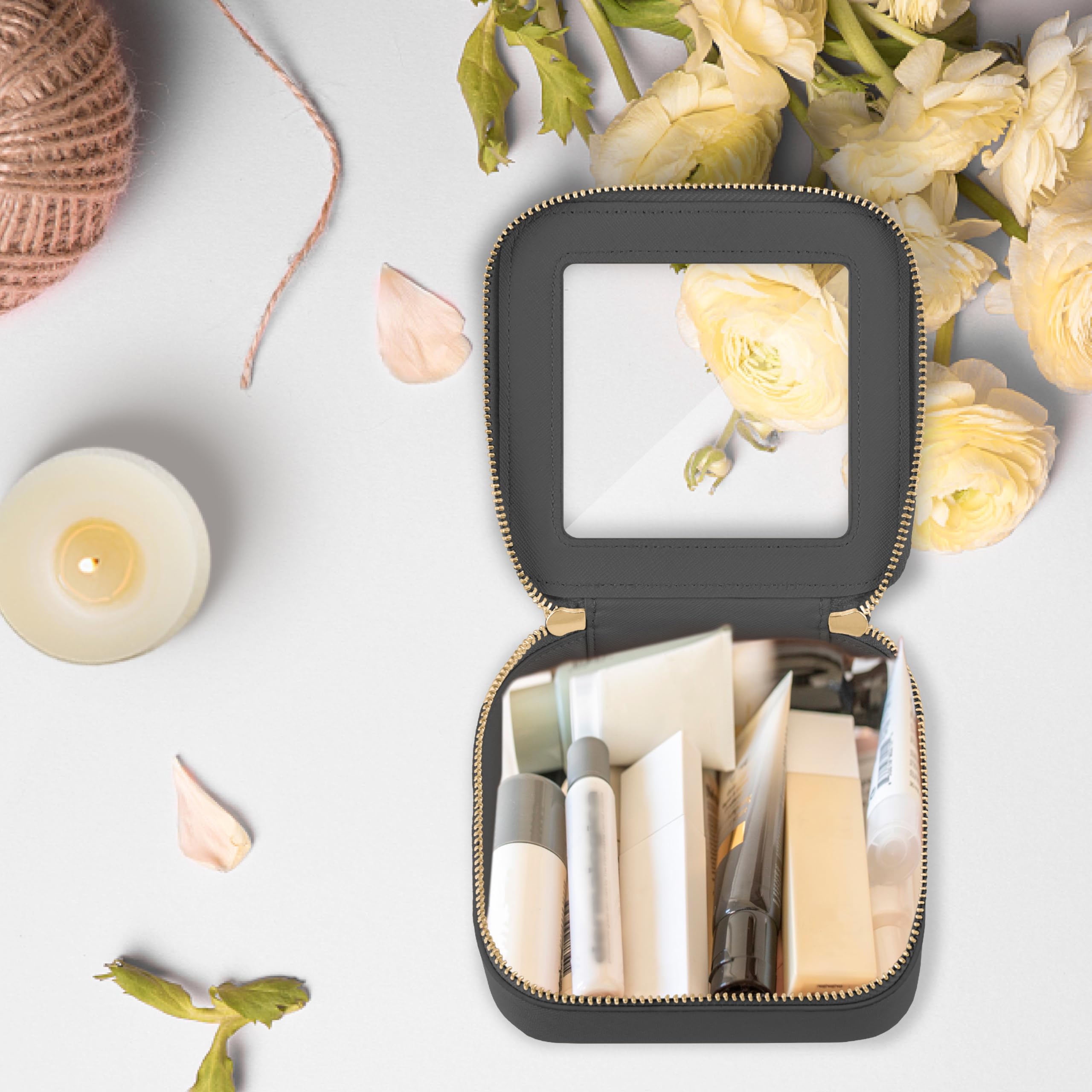 Prite mini clear makeup bag with items inside, ready for travel