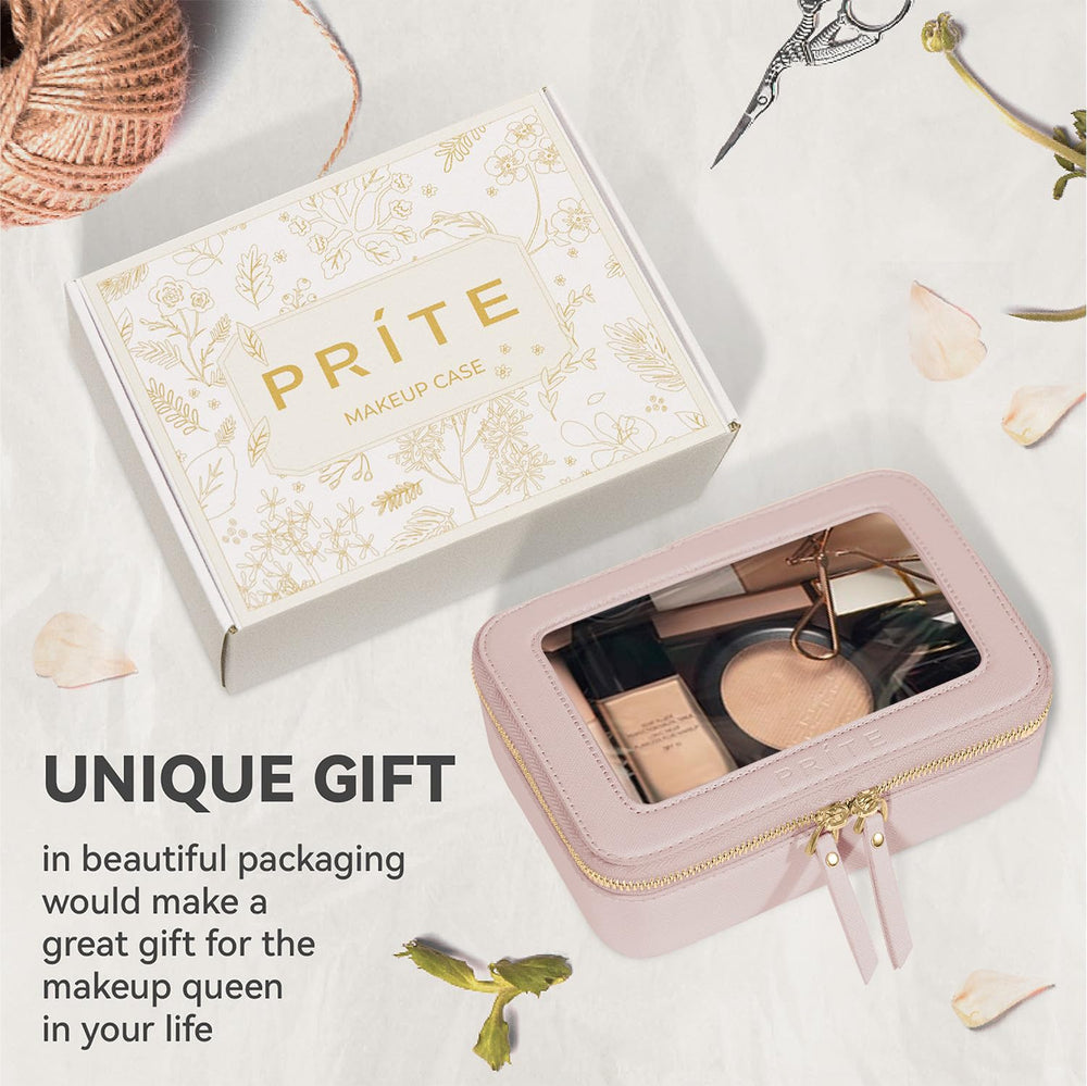 Prite pearlescent pink case complements style while keeping items organized.