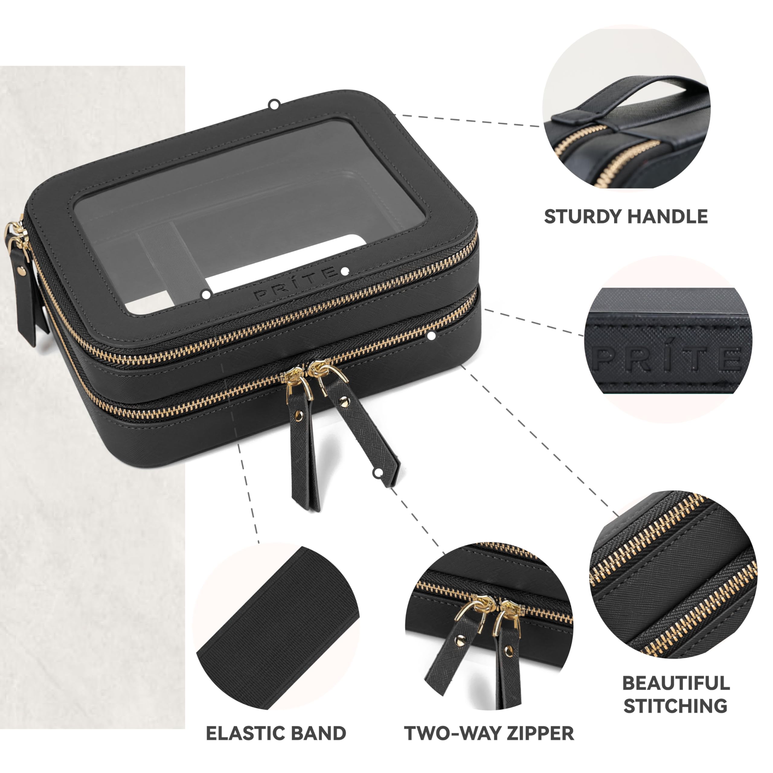 Prite transparent organizer material helps locate items at a glance during travel.