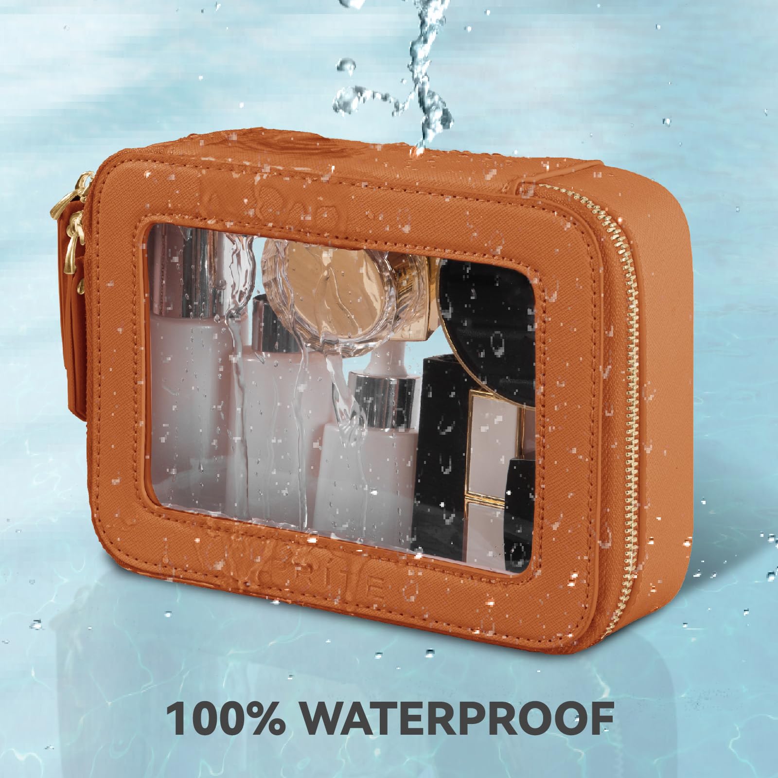 Prite transparent panel on makeup bag enables quick access to items.
