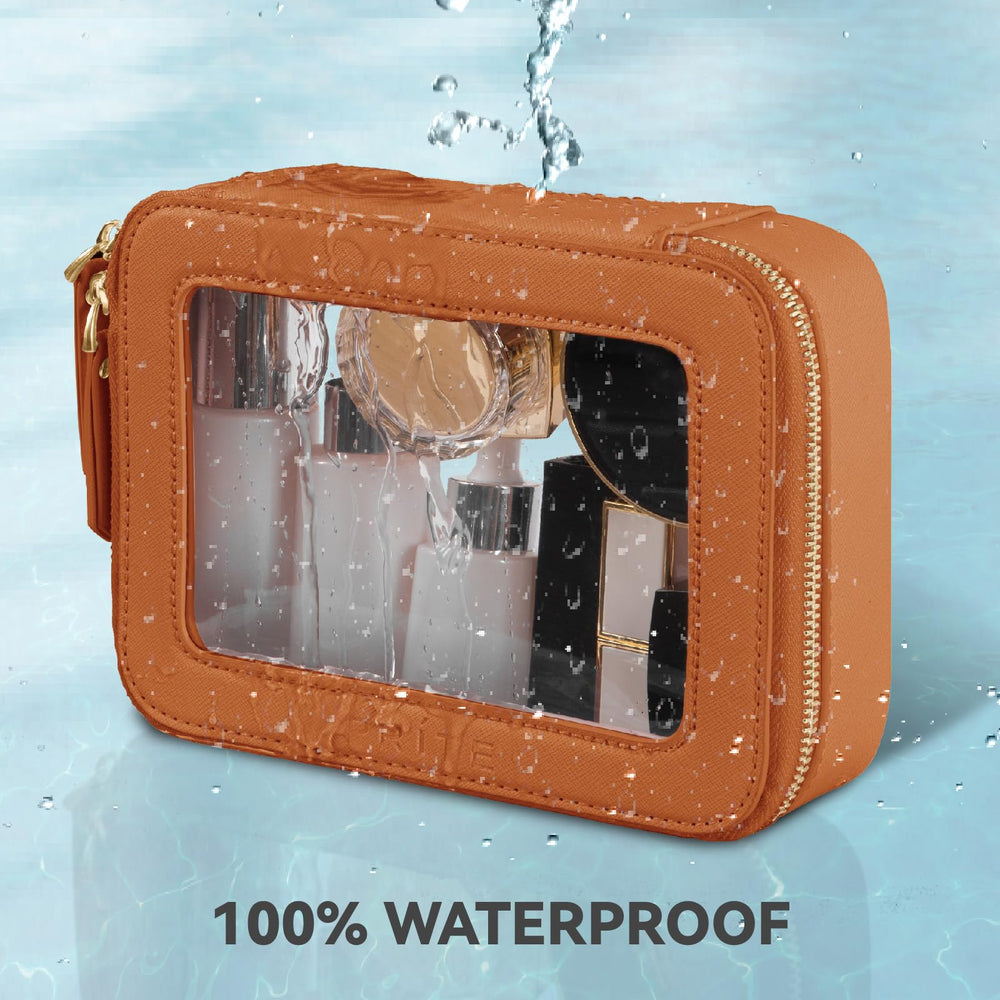 Prite transparent panel on makeup bag enables quick access to items.