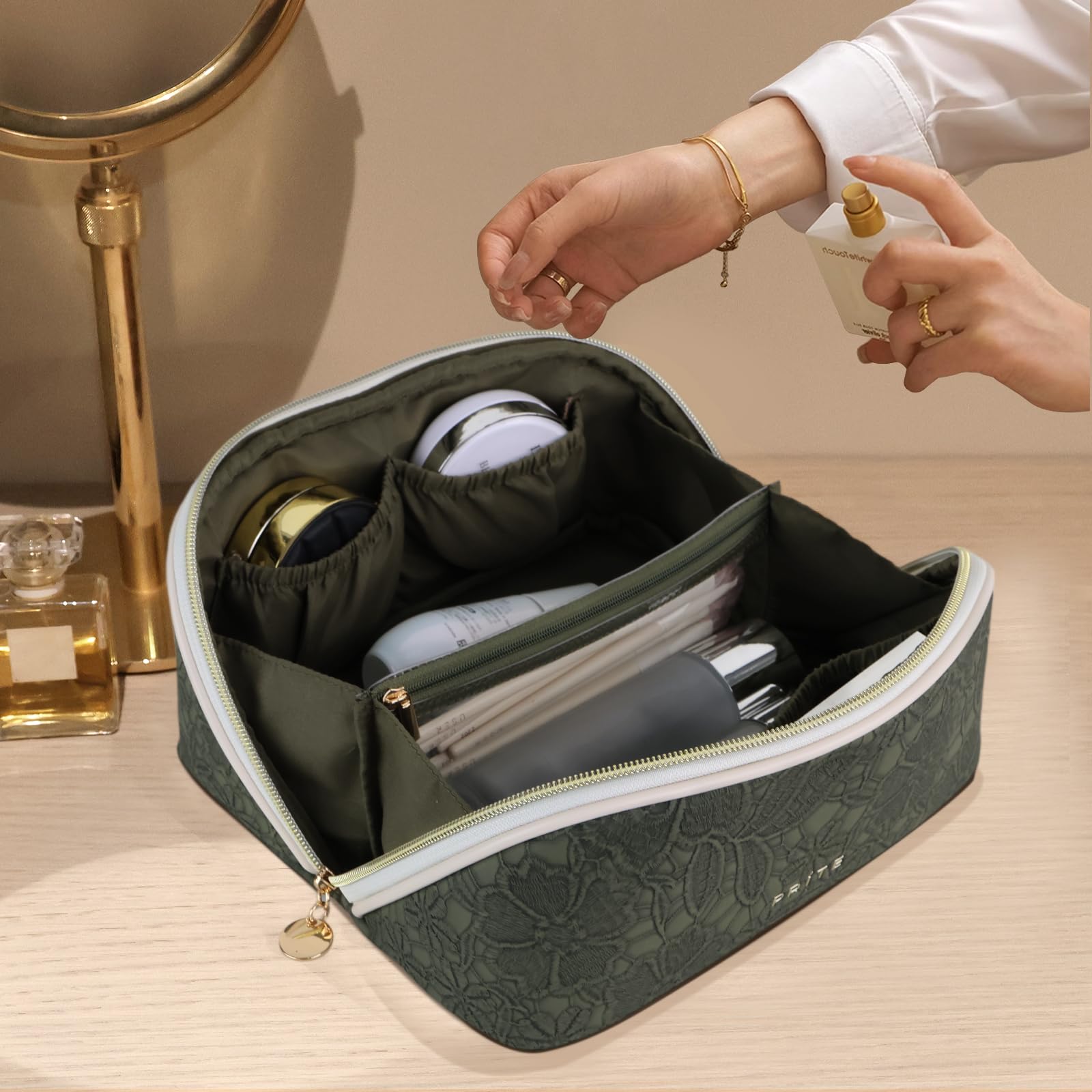 Prite travel bag in use on bathroom counter ready for daily routines.