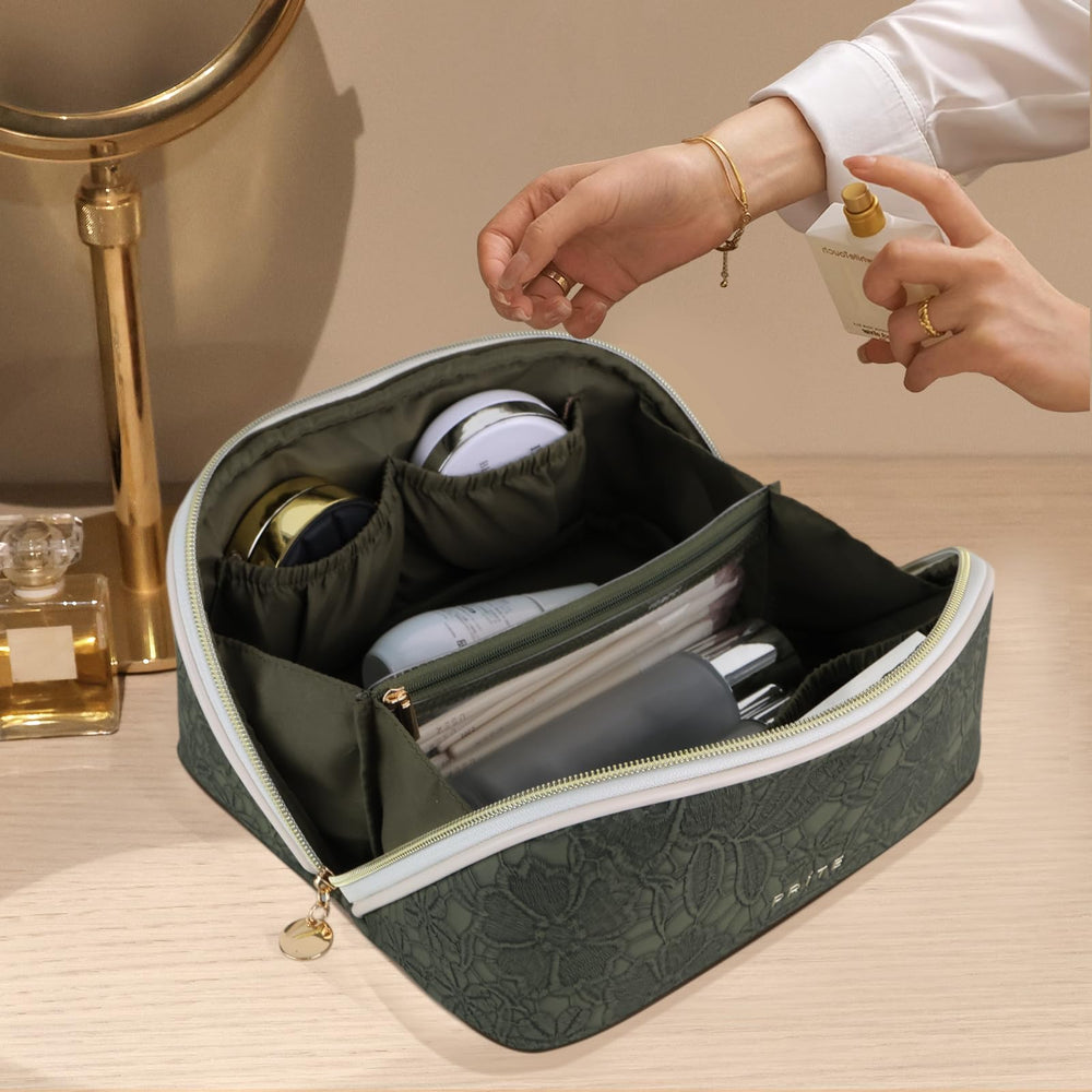 Prite travel bag in use on bathroom counter ready for daily routines.