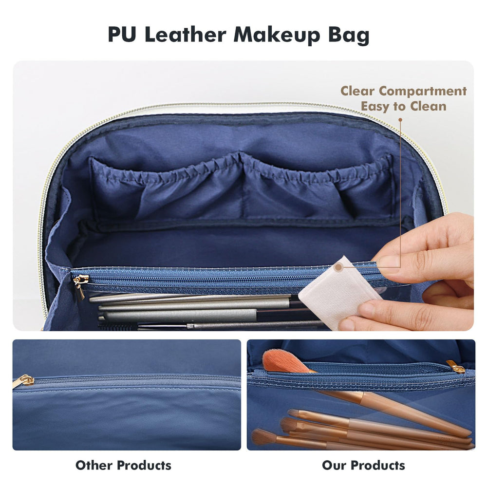 Prite blue flower organizer beside toiletries showing spacious capacity for travel essentials