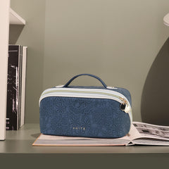 Prite cosmetic bag blue flower open compartments show three sections for easy access