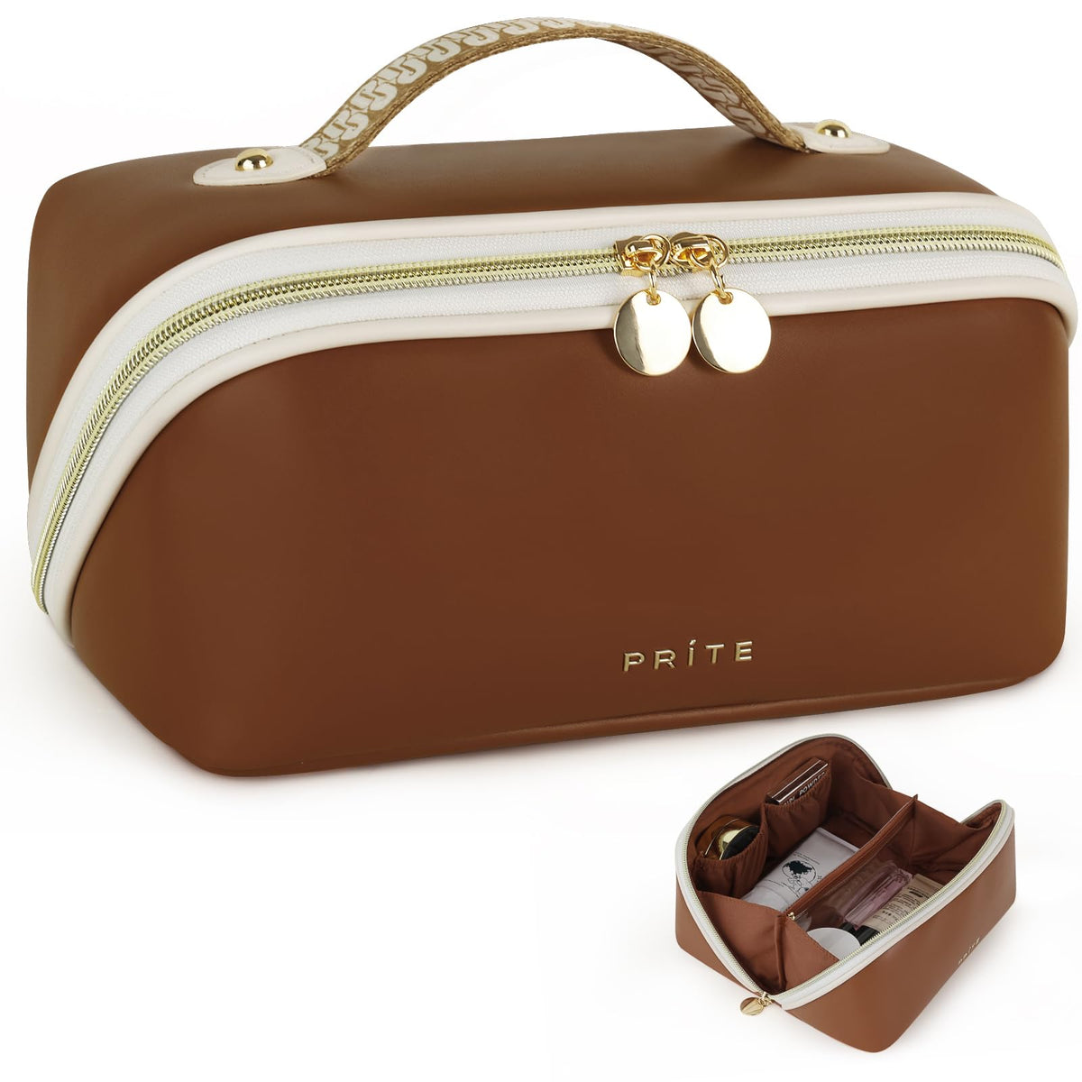 Prite travel cosmetic bag front view shows organized storage for on-the-go makeup
