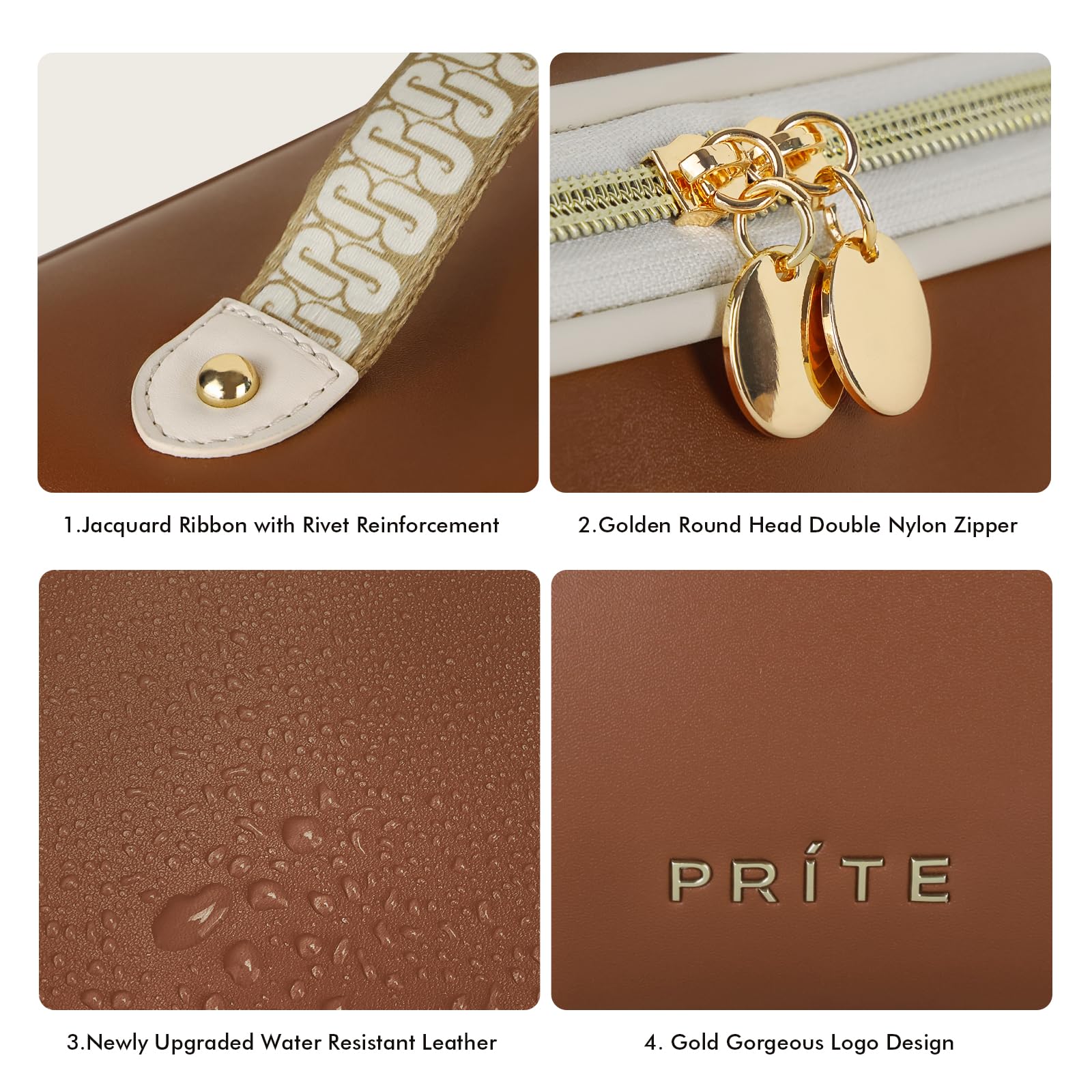 Prite bag with gold hardware and embossed logo for a premium look