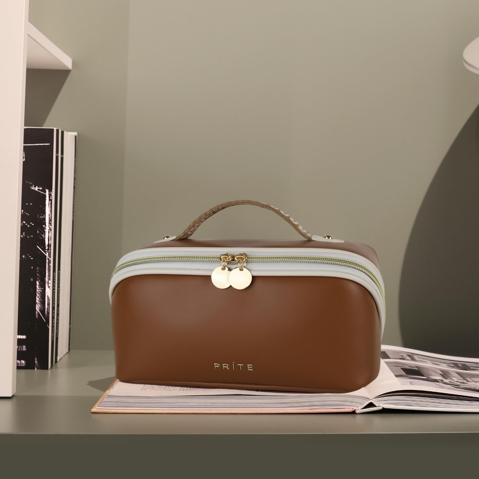 Prite travel cosmetic bag open with clear divider for easy brush access
