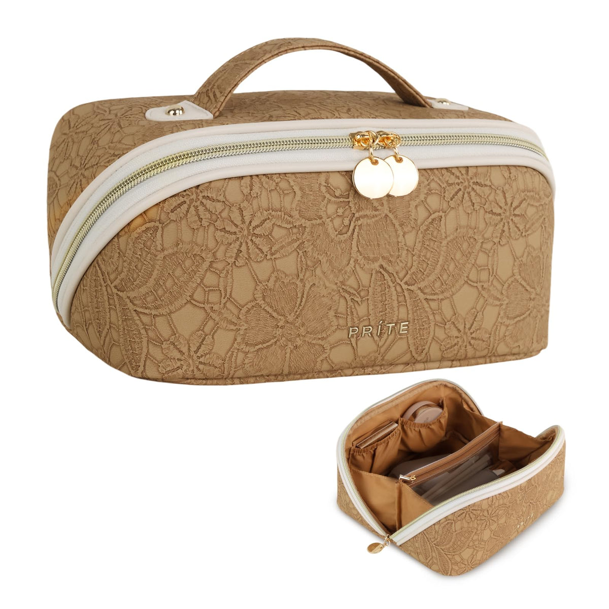 Prite travel cosmetic bag open view shows three compartments for easy organization on the go.