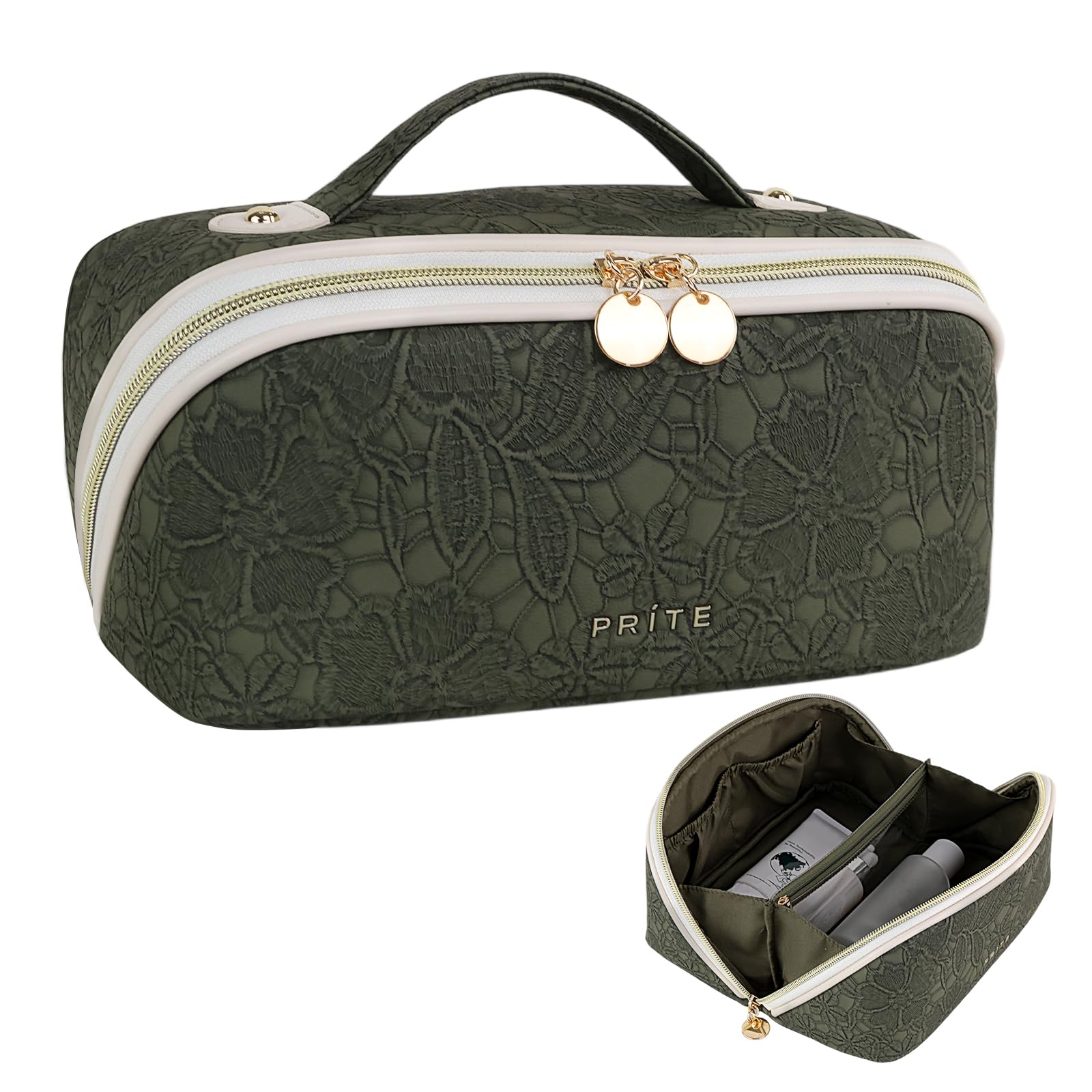 Prite travel cosmetic bag open showing three compartments for quick access and smart organization.