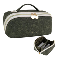 Prite travel cosmetic bag open showing three compartments for quick access and smart organization.