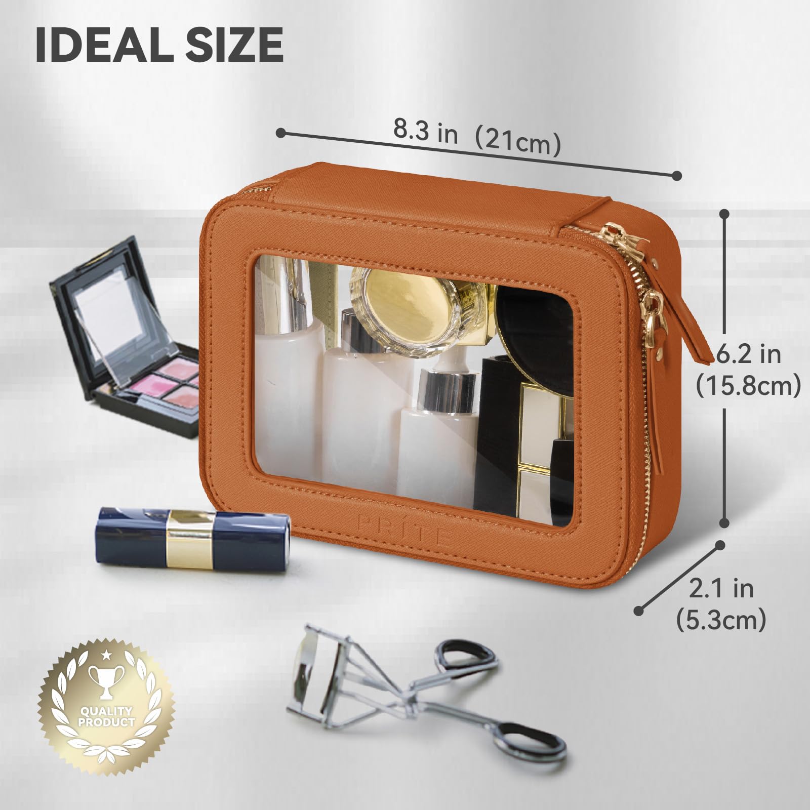 Prite vegan leather cosmetic pouch highlighting premium materials and chic hardware.