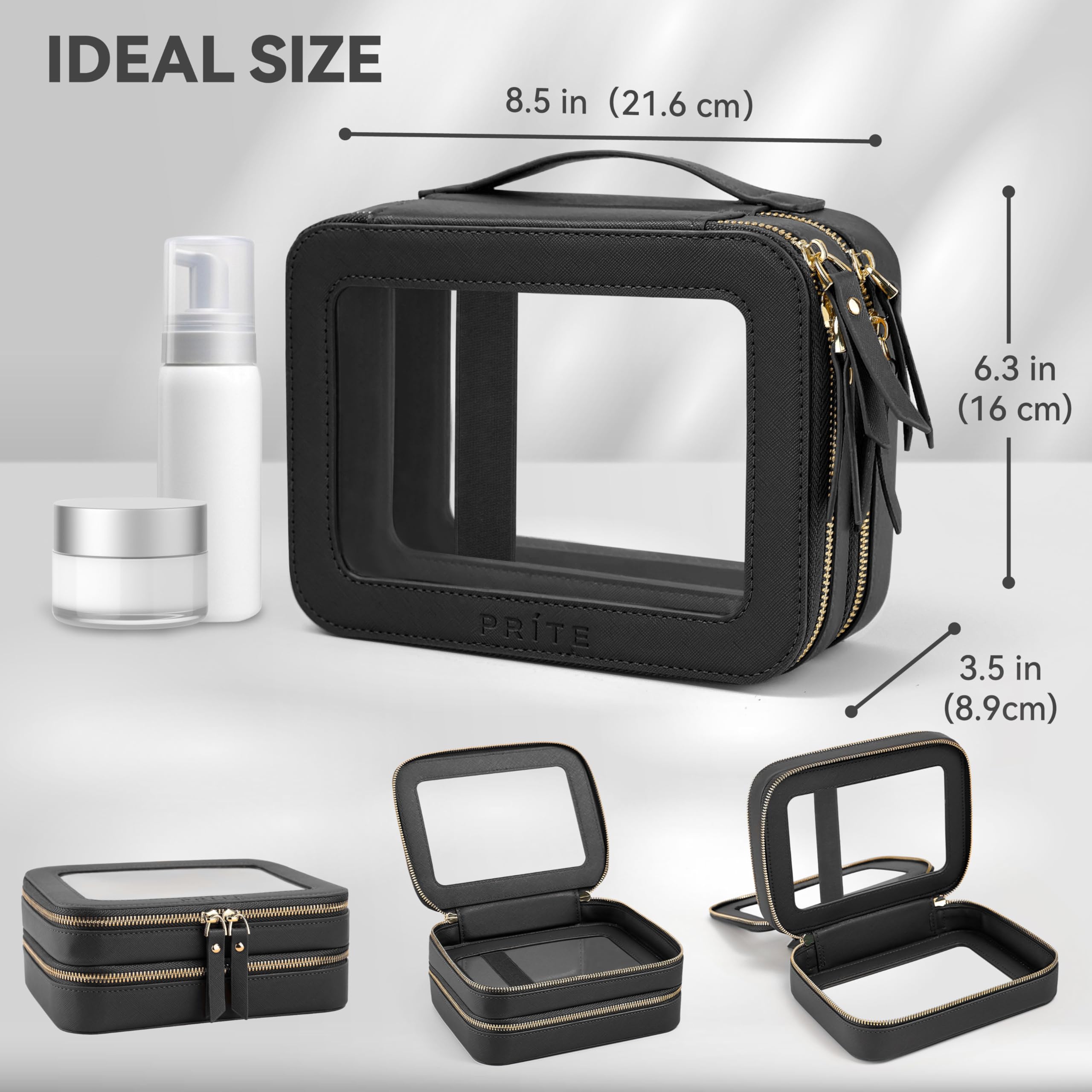 Prite waterproof cosmetic bag resists spills and cleans easily with a damp cloth.