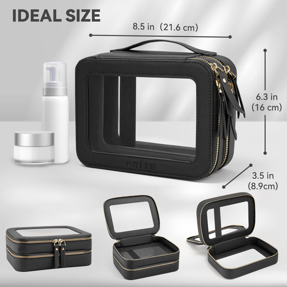 Prite waterproof cosmetic bag resists spills and cleans easily with a damp cloth.