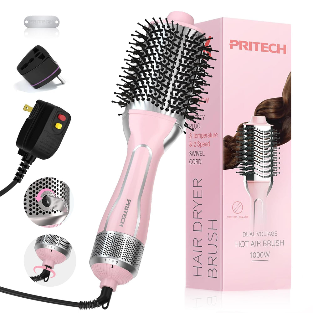 PRITECH 1000W dual-voltage hair dryer brush for worldwide styling versatility.