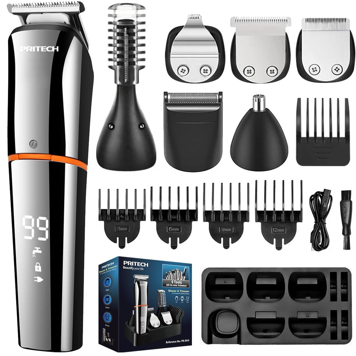 PRITECH 6in1 beard trimmer kit with versatile attachments for precise beard and hair styling.