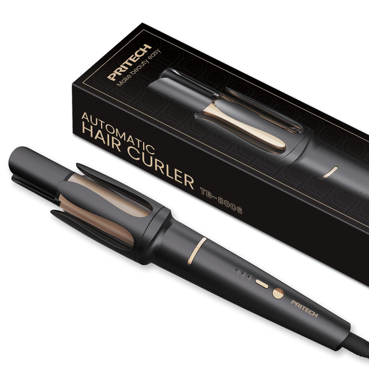 PRITECH automatic curling iron with rotating barrel for effortless curls and shine.