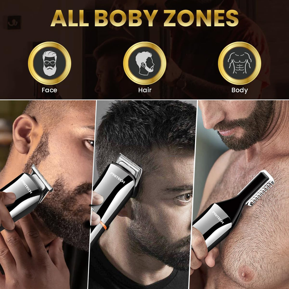 PRITECH beard trimmer with foil shaver for clean edges and smooth skin.