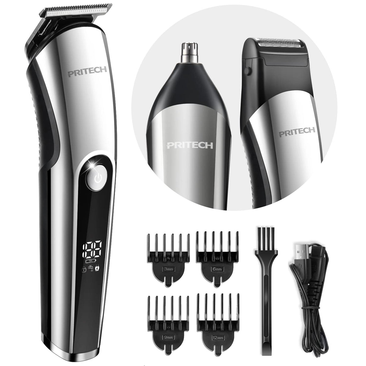 PRITECH beard trimmer front view highlights ergonomic design for precise grooming.