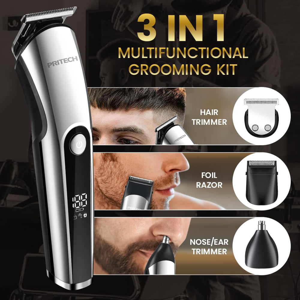 PRITECH beard trimmer LED display clearly shows power level for planning grooming sessions.