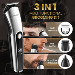 PRITECH beard trimmer LED display clearly shows power level for planning grooming sessions.