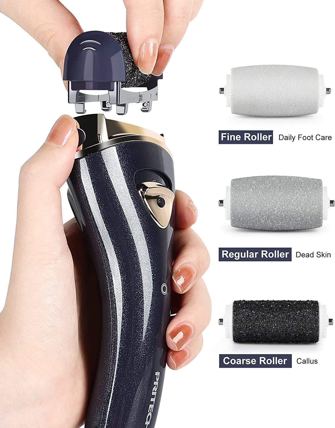 PRITECH electric foot callus remover side view highlights compact ergonomic grip.