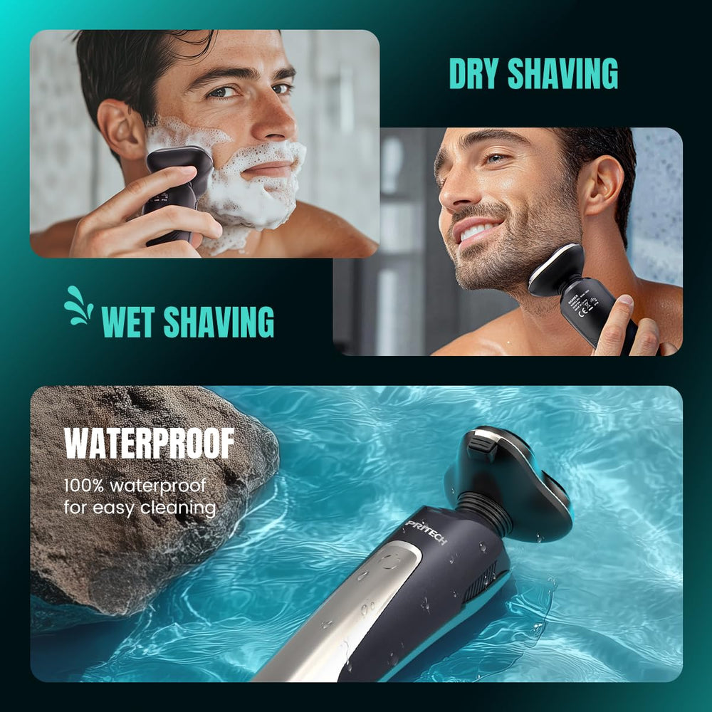 PRITECH electric razor LED indicators help track charge and wash reminders.