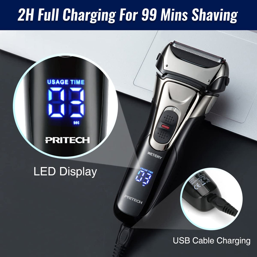 PRITECH Electric Razor USB-charging enables fast charging and cordless grooming.