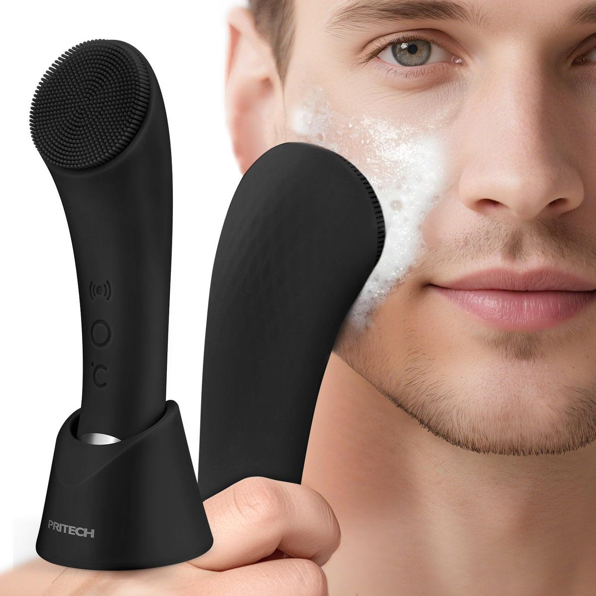 PRITECH facial cleansing brush in foreground for deep cleansing at home