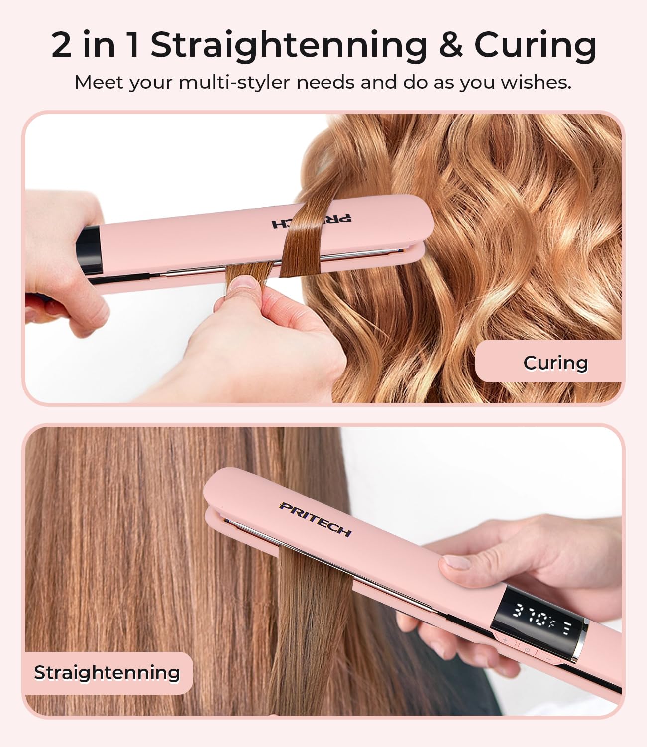 PRITECH Flat Iron dual-voltage travel-ready for worldwide styling.