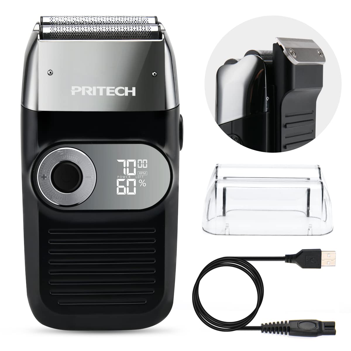 PRITECH foil and bald shaver close-up with precise blades for a close, comfortable shave.