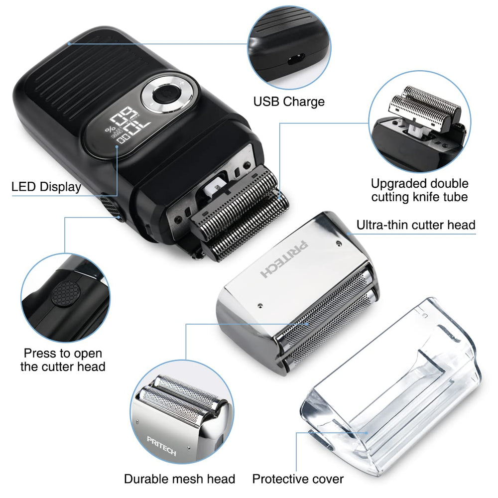 PRITECH shaver charging via USB highlights easy recharging while traveling.